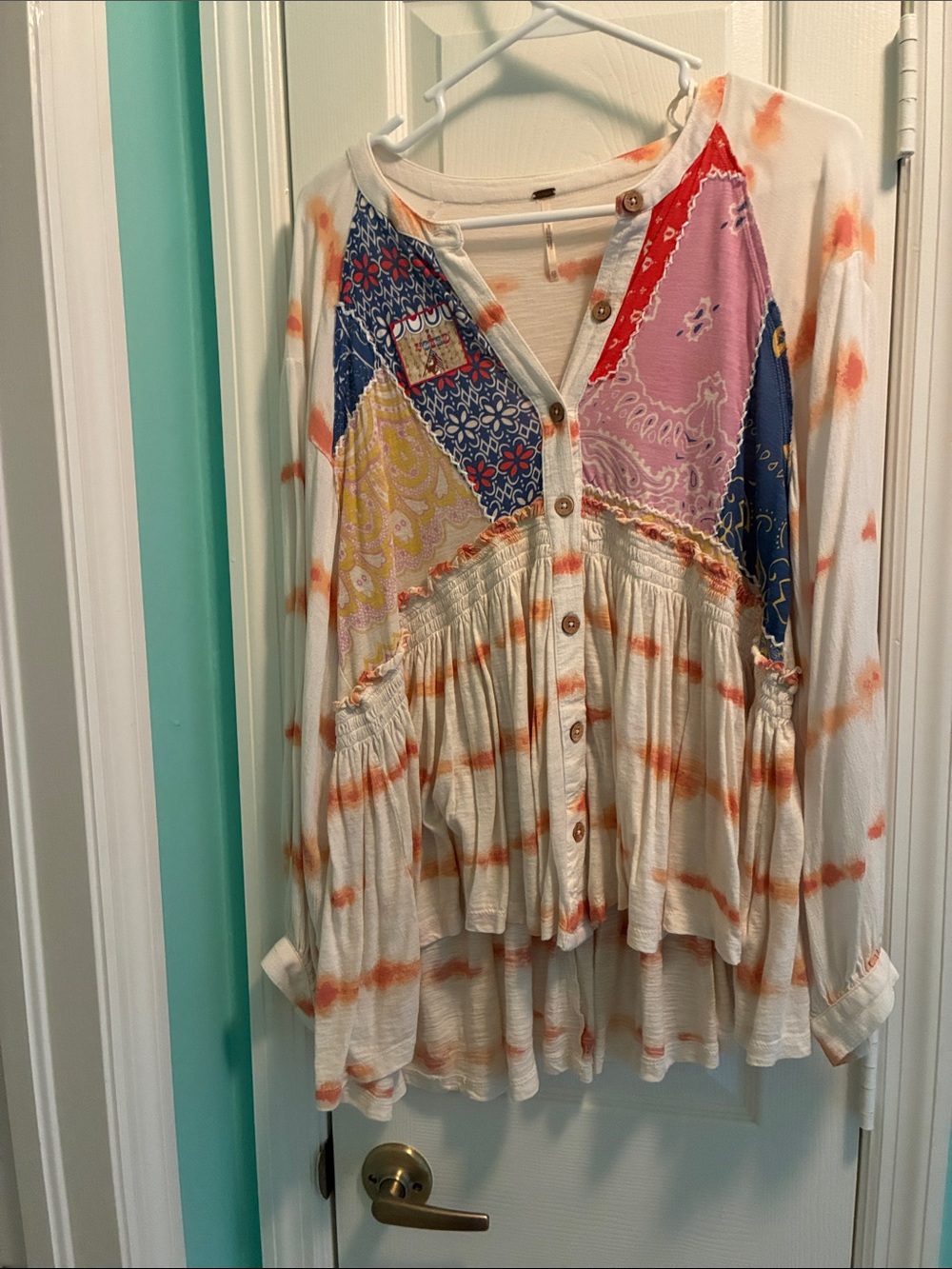 Free People Cream Tunic with Orange Tie-Dye & Multicolor Patchwork Yoke